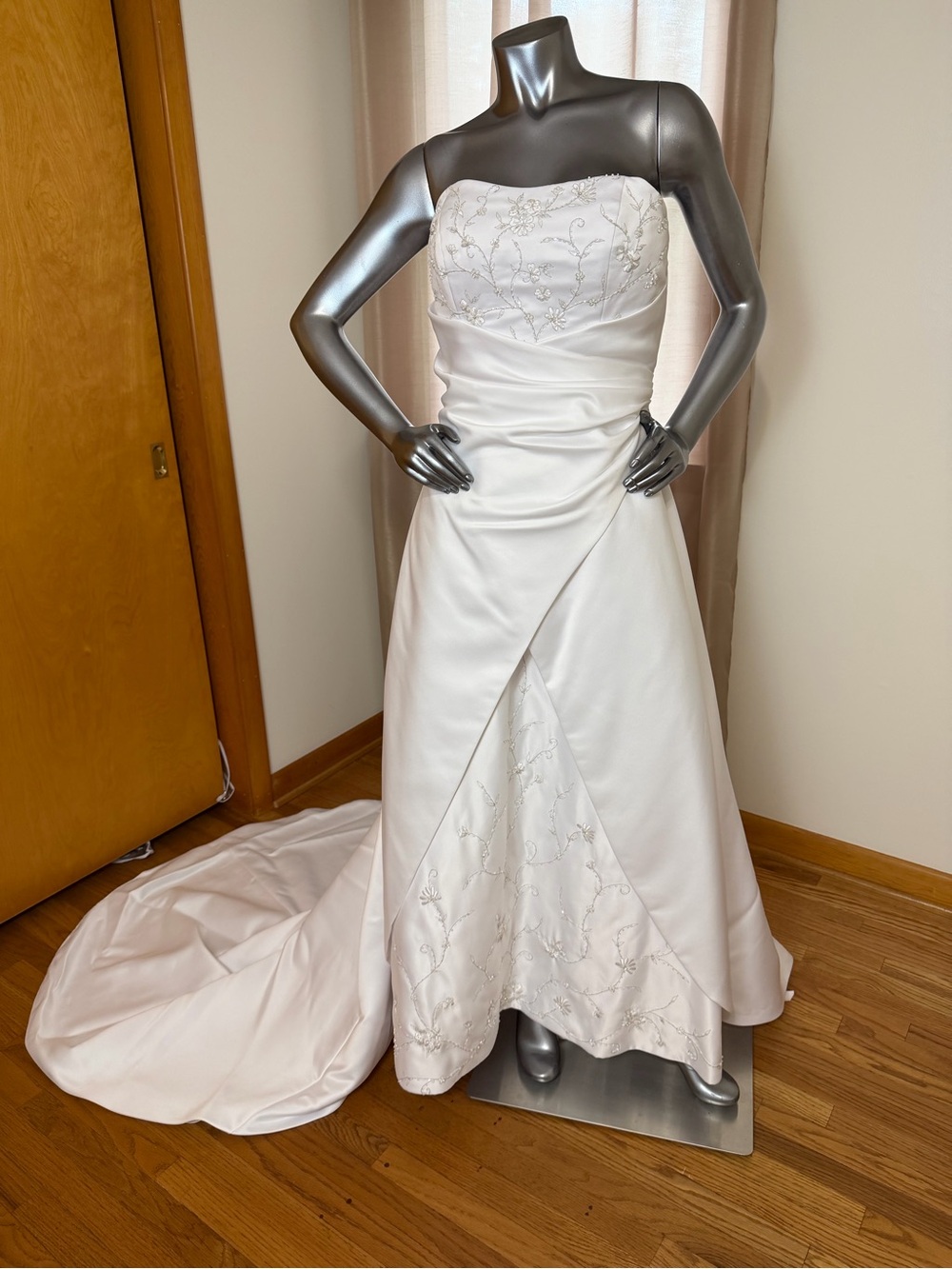 Raylia Designs Strapless White Satin Wedding Gown with corset lace back enclosu.